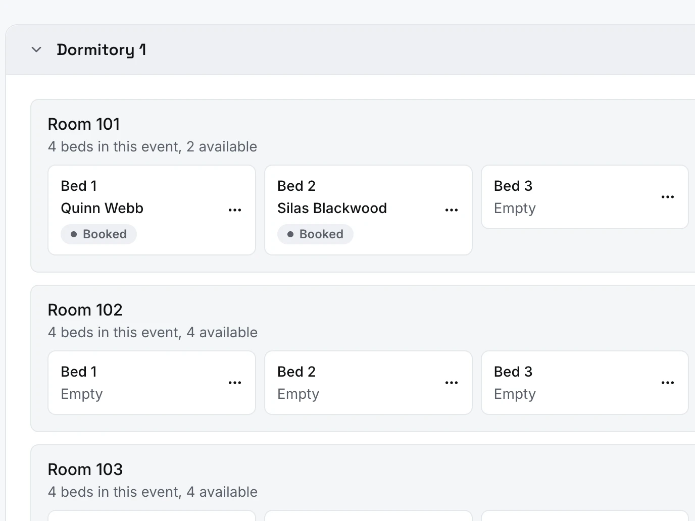 The bed board: rooms and their beds, with two beds in Room 101 booked by name