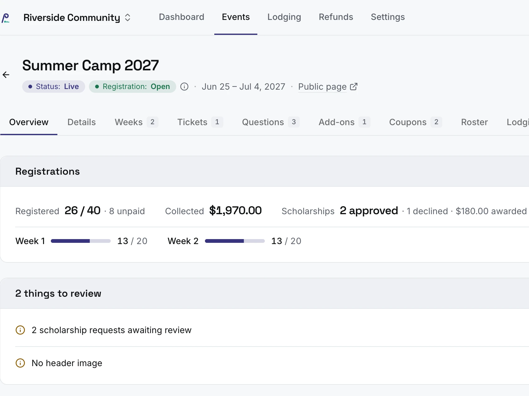 An event's overview: registrations, money collected, scholarships, places filled per week, and what to review