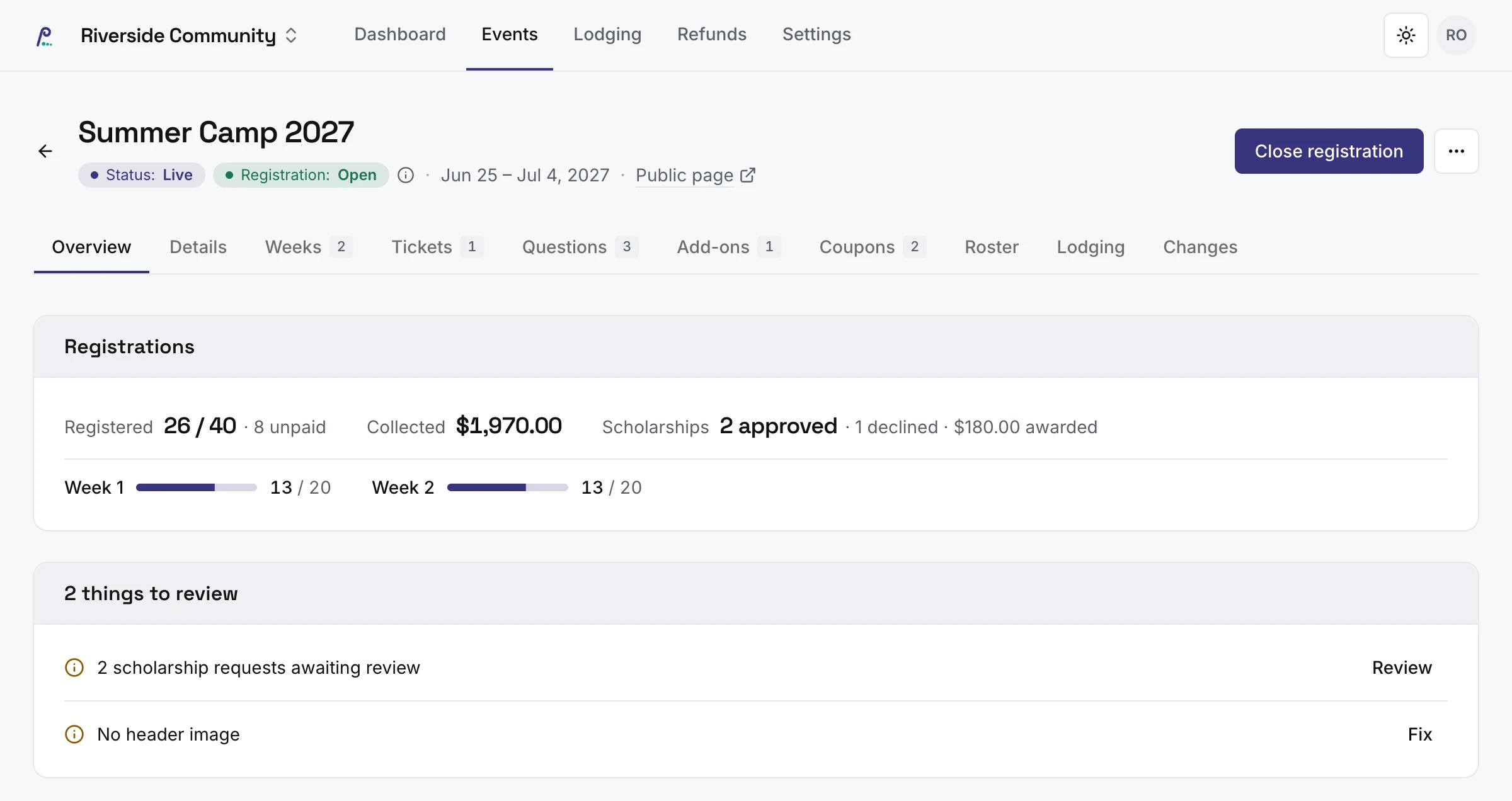 An event's overview in FlockCentral: registrations, money collected, scholarships, places filled per week, and what to review