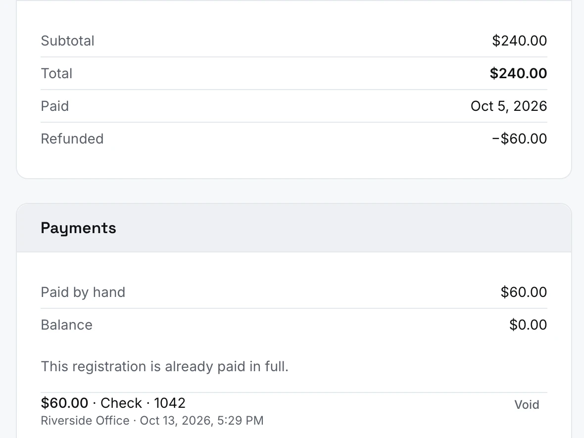 A registration's money, a payment recorded by check and a partial refund