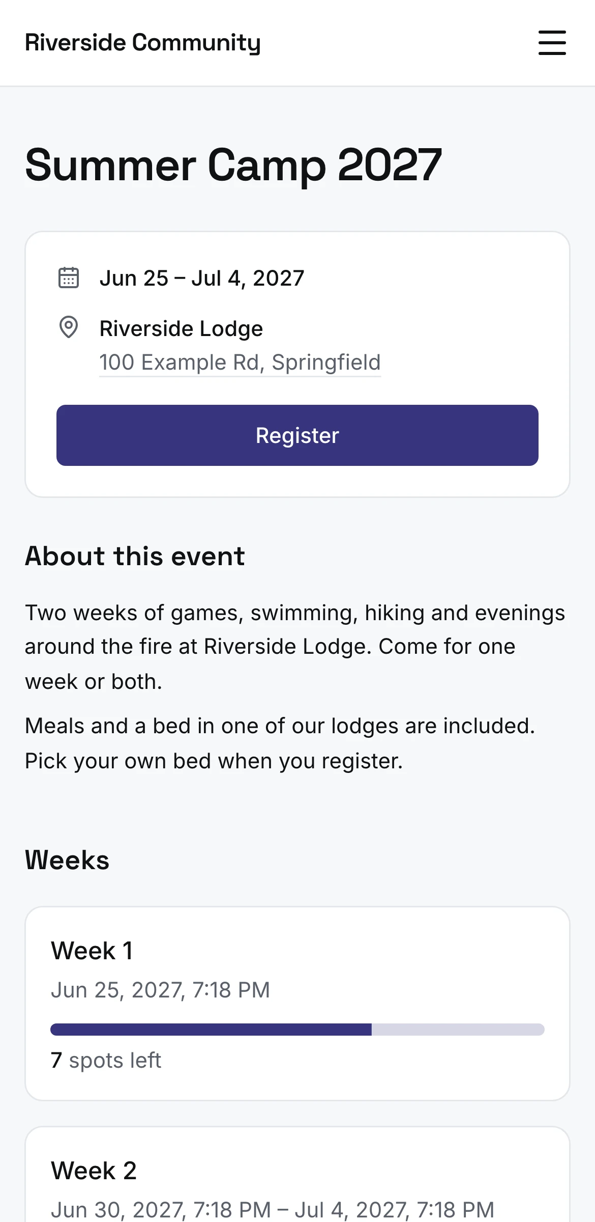 The same event's public page on a phone, as people registering see it: dates, place, a Register button and the event's description